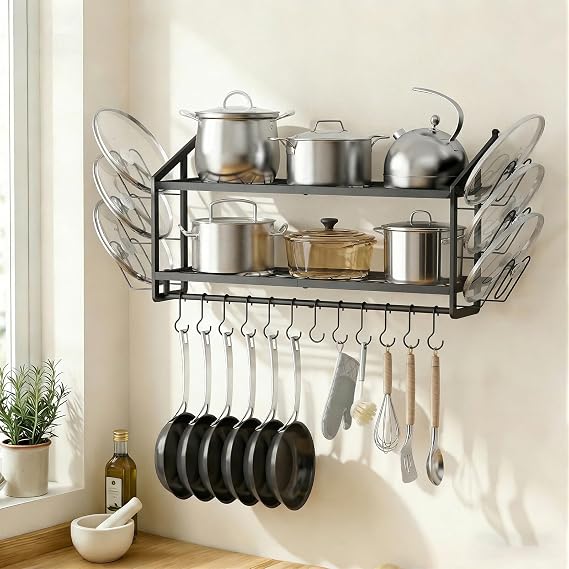 30"Pot Rack Wall Mounted with 6 Pot Lid Holders,12 Hooks for Hanging Pans