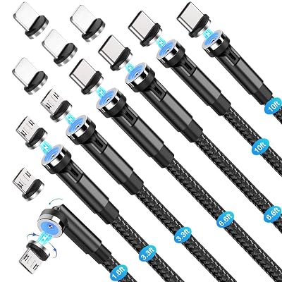 Magnetic Charging Cable 540 Rotation7-Pack, 1.6ft3.3ft3.3ft6.6ft6.6ft10ft10ft, 3 in 1 USB C Magnetic Phone Charger Cable Compatible with Micro USBType CiProduct Device Black