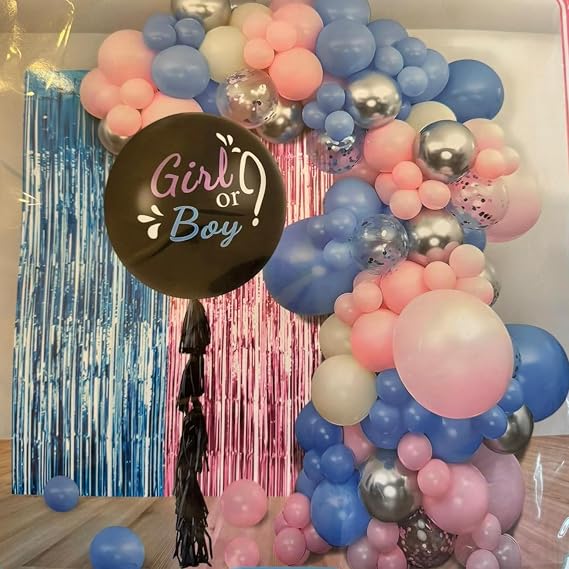 68 Parçalı Cinsiyet Belirleme Partisi Seti - Dev Siyah Balon, Pembe ve Mavi Balon Zinciri, Folyo Perdeler ve Püsküllü Dekorasyon Paketi