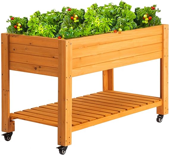 48x24x33 Raised Garden Bed with Wheels, Wood Elevated Planter Box, Natural
