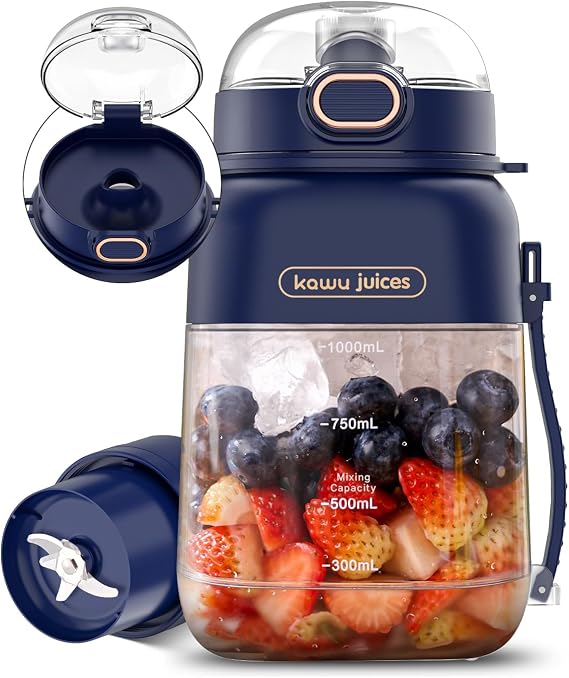 Kawu Portable Blender, Smoothie Blender, Personal Blenders with 34.1 oz, No-BPA, Leakproof-Lid and Sip Spout, USB-C Rechargeable, Dishwasher Safe, Personal Mixer for Shakes, Recipes, with Handle/Strap
