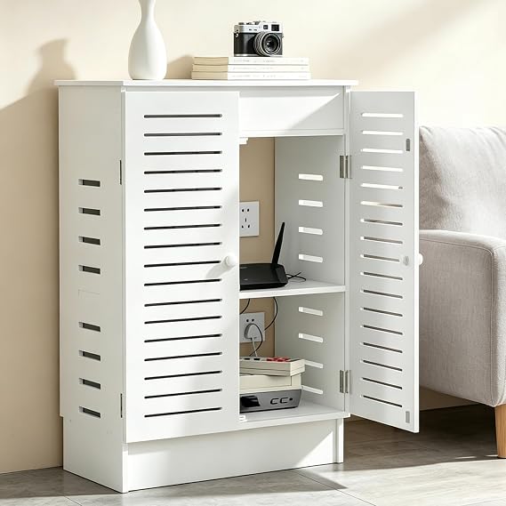WiFi Router Storage Cabinet,Floor Standing Router Storage Box Modem(White) | PVC, Power Strip and Cable Management Hider Organizer, for Home and Office