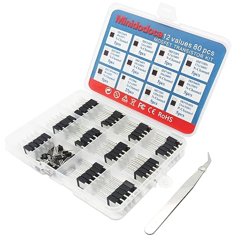 12 Values 80 Pcs MOSFET Transistor Assortment Kit N&P Channel MOSFET IRFZ44N IRF510N IRF530N IRF530N IRF540N IRF640N IRF740 IRF840 RFP30N06LE 2N7000 IRF3205 IRF9540 Logic Level P&NMOS Kit