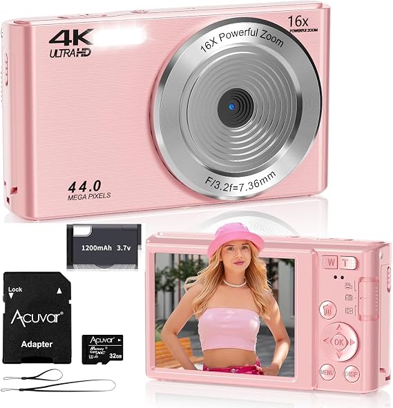 Acuvar 44MP 4K Digital Camera 16X Zoom, 2.4" Screen, 32GB Micro SD Card - Compact Digital Point and Shoot Camera for Kids, Teens, Students, Travel, Vlogging Camera (Pink)