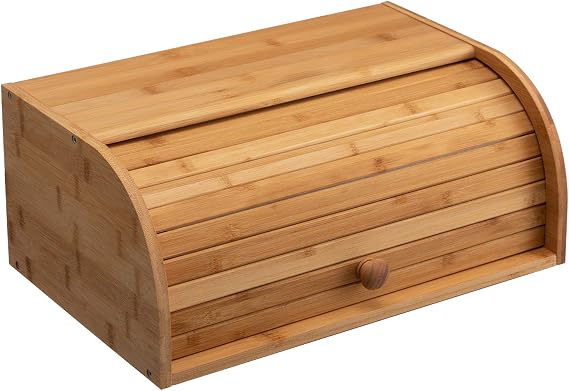 HollyHOME Wooden Bread Bin Natural Bamboo Bread Bins for Kitchen Roll Top
