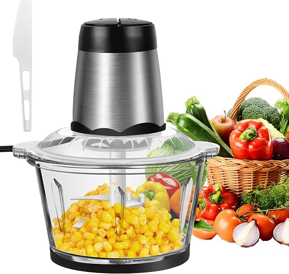 Food Processors, 300W Vegetable Chopper Electric with 2L Glass Bowl and 4 Bi-Level Blade, 2 Speed Control Mini Food Processor, Meat Grinder for Meat, Vegetables, Fruits and Nuts