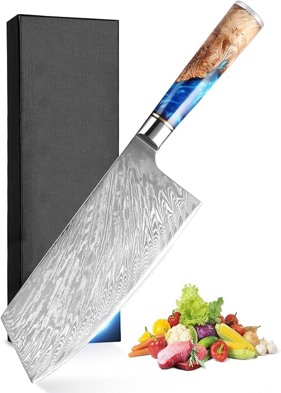 8-Inch Cleaver Knife, Kitchen Chef Japanese VG10 Stainless Steel Beautiful Pattern and G10 Handle with Special Resin Ring Professional Damascus Knife, Blue