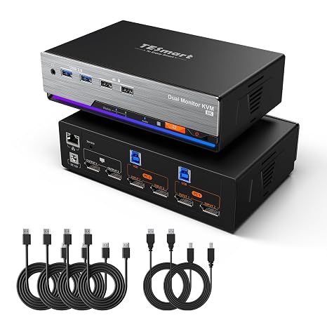 TESmart 8K@60Hz DP KVM Switch 2 Monitors 2 Computers EDID, DP 1.4 KVM Switch Dual Monitor 4K@144Hz for Gaming Dock, Support USB3.0, Gigabit Network, Hotkey Switch, Audio & Mic with All Input Cables