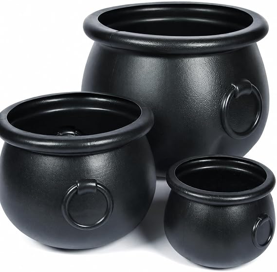 Fun Express Plastic Cauldron, Black, 3 Piece Set | 15", 12", 8"