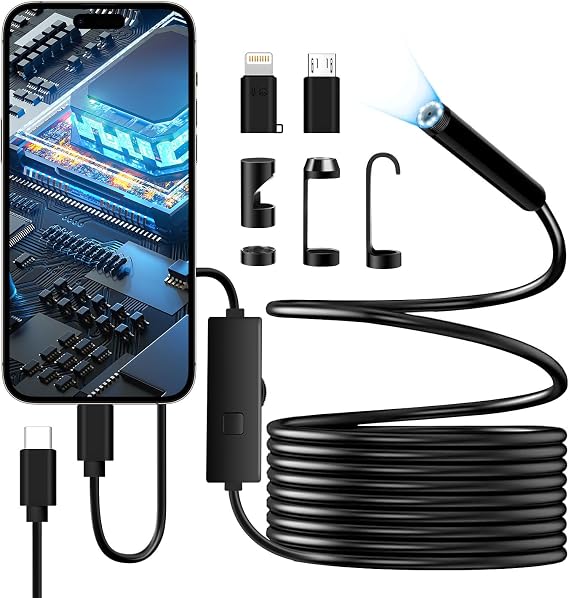Endoscope Camera with Light, 1920P HD Borescope with 8+1 Adjustable LED Lights, IP67 Waterproof 16.5FT Semi-Rigid Snake Cord Inspection Camera for iPhone, iPad and Android Phone (Single-Lens)