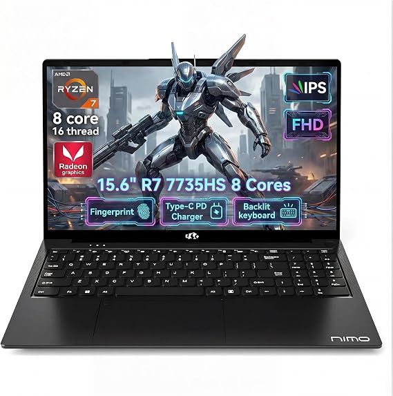 NIMO Gaming Laptop, AMD Ryzen 7 7735HS 8 Cores, 15.6", 8GB DDR5 256GB SSD, Windows 11, FHD IPS 180 View, Fingerprint, Backlit Keyboard, 100W Fast Charging, WiFi 6E Computer, for Business & Student