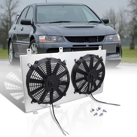 AJP Distributors Aluminum Radiator Fan Shroud Kit + 12" Dual Engine Cooling Fans Compatible/Replacement For Lancer EVO VII VIII IX 4G63 Manual Transmisson M/T 2003 2004 2005 2006 2007 03 04 05 06 07
