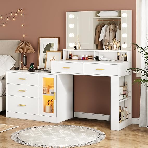 AOGLLATI Makeup Vanity Desk with Mirror and Lights & Charging Station, White Vanity Table with 3 Drawers LED Dresser, Makeup Desk with 3 Lighting Modes, 5 Drawers and Cabinet Storage