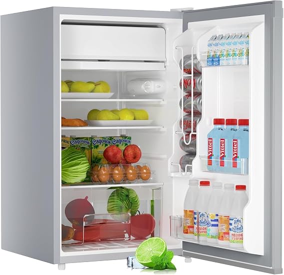 3.2 Cu.Ft Mini Fridge With Freezer, Removable Shelves, Small Freezer with Adjustable Thermostat with Chiller for Bar, Living Room, Den, Basement, Kitchen, or Dorm,Silver.