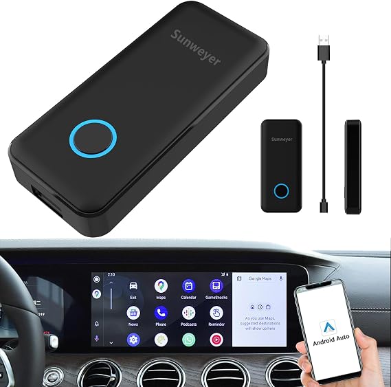 Sunweyer Android Auto Wireless Adapter Plug & Play Auto Connect Bluetooth Wired Android Auto to Wireless Dongle Convert