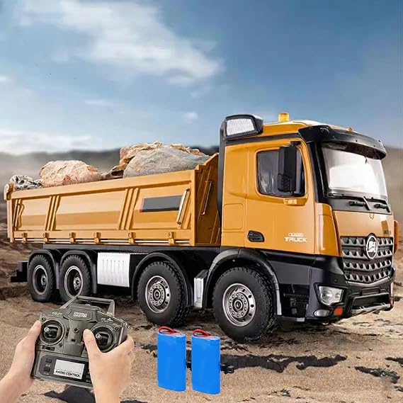 1:14 Scale RC Dump Truck with 2 Batteries, 4WD 2.4Ghz RC Truck with Trailer, 12CH RC Construction Vehicle with Light and Sound, Four-Wheel Steering, RC Toy Car for Boy Girl Birthday Gift