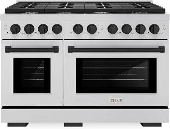 ZLINE Autograph Edition 48 in. 6.7 cu. ft. Paramount Double Oven Dual Fuel Range with 8 Burner Gas Cooktop in Stainless Steel and Matte Black Accents SDRZ-48-MB