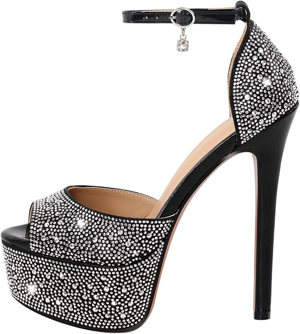 richealnini Women's Platform Sandals with Buckle Rhinestone Diamond Heel Sexy Super High Stiletto Heels