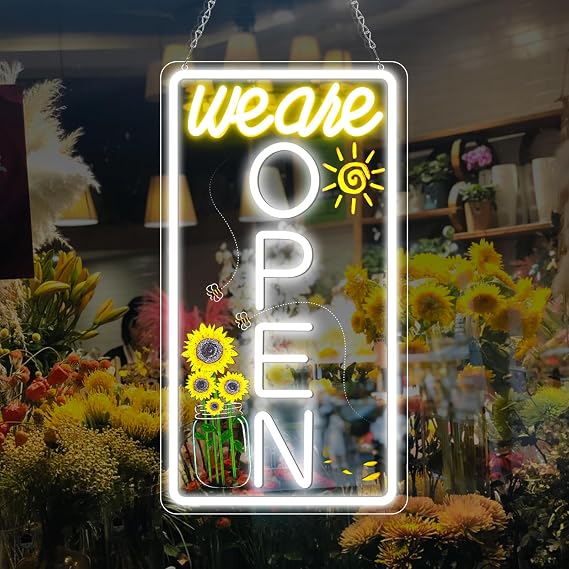 Neon We are Open Signs for Business, 16.5 x 9'' Open Sign with Printed Flower and Sun, with ON/OFF Switch & Adapter, Daylight White, Ideal for Window, Party, Wall, Bars, Coffee Shops, Salons, Clubs, Hotels, Vertical