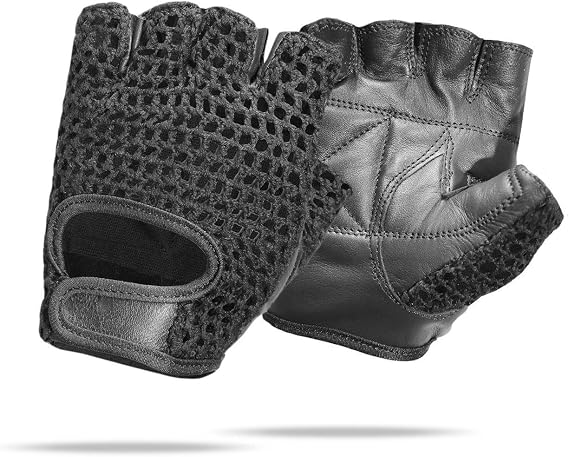 Leather Padded Crochet Back Breathable Fingerless Weight Lifting, Cycling Workout Gloves, Black (Medium)