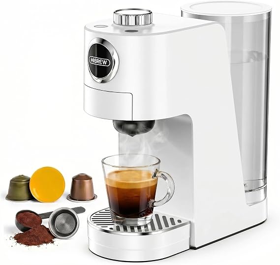 HIBREW H3C 3-in-1 Single Serve Pod Coffee Machine | Fits NS*/DG* Pod & Ground Coffee, 1400ml Removable Water Tank, Compact Single Serve Coffee Maker for Home Office Hotel-White