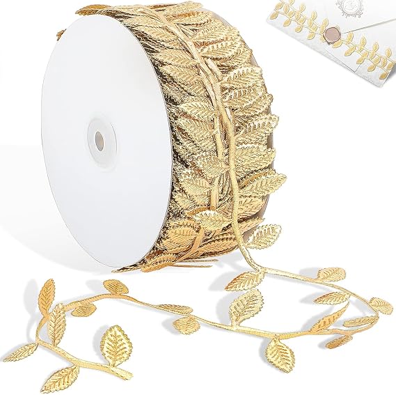 Naidiler Gold Leaf Ribbon, 20 Yards Artificial Gold Leaf Trim for DIY Crafts, Wrapping, Wedding Cake Baby Shower Party Wreath Garland Hair & Clothes Home Decor