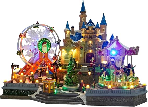 Christmas Village Houses with LED Lights, Christmas Village Centerpiece Decor with Revolving Christmas Tree, Carousel and Ferris Wheel, for Holiday Displays, Indoor Decoration, Thoughtful Gift.
