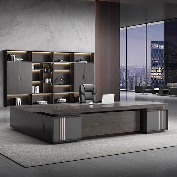 102" Brown Large Modern Executive Office Desk, Wood Computer Desk with File Drawers Study Writing Table Business Workstation for CEO or Home