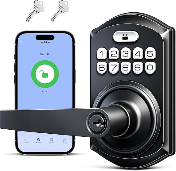 TEEHO TE019 Smart Keypad Door Lock with Handle for Front Door, Matte Black | App & Keyless Entry, Great for Rentals, ANSI Grade 3 Security, IP55 Weatherproof, Auto-Lock,Low Power Alerts, Easy Install