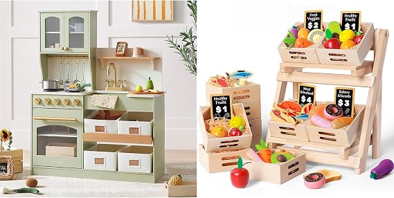 Tiny Land Wooden Play Kitchen with Toy Storage System (Green) & Wooden Play Food Sets Gift for Ages 3+