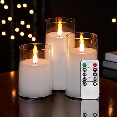 NICEME Flickering Flameless Candles with Remote Control Timer Unbreakable Acrylic Battery Operated LED Candles with Flickering Flame 3D Wick for Romantic Ambience Home Decor Set of 3, D3 xH4 5 6
