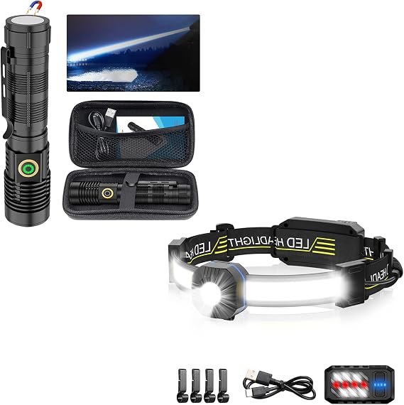 Rechargeable Flashlight 12000 High Lumens Magnetic Flash Light & LED Headlamp, 1000lumens 230 Widebeam Headlight