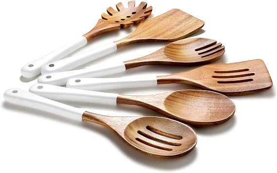 Wooden Spoons For Cooking, 6 Pieces Natural Acacia Wooden Cooking Utensils or Non-Stick Wood Kitchen Utensil Set for Kitchen Essentials, Wooden Cooking Utensils Set with Hanging Hole, White