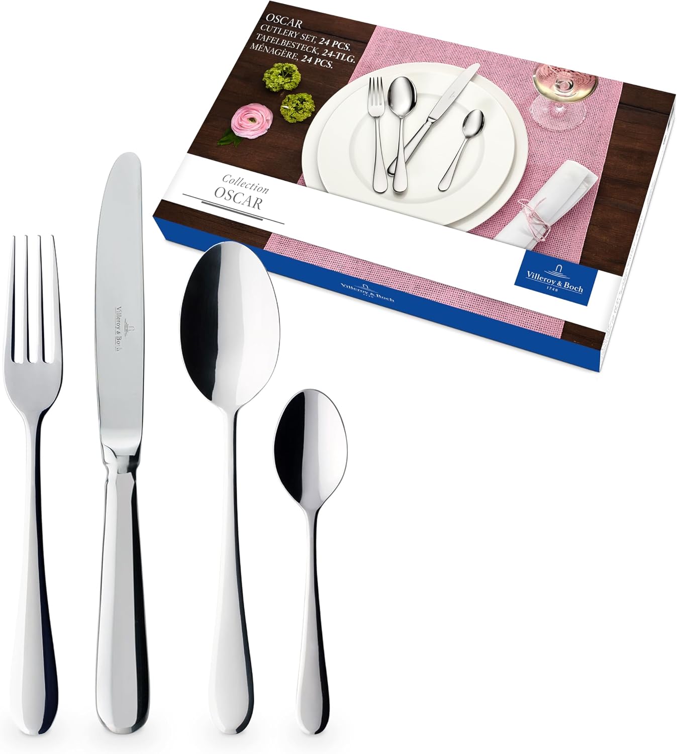 Villeroy & Boch – Oscar Cutlery Set 24 Pieces for 6 People, Dishwasher Safe, Rustproof, Knife, Fork, Spoon, Luxury Cutlery Set, Dinner, 1810 Stainless Steel
