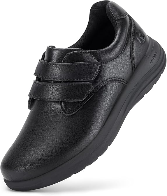 FitVille Womens Wide Fit Leather Shoes Lightweight Arch Support Diabetic Shoes Ladies Loafers with Adjustable Straps for Swollen Feet