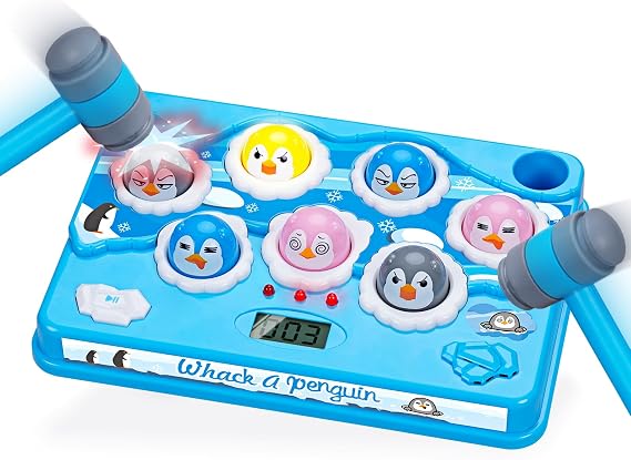FS Pound-A-Penguin Game, Screen-Free Interactive Pounding Toy with 2 Soft Hammers - Safe Toddler Hammer Toy for 3 Years, Kids Ages 3-5, 4 Speed Modes & Score Display