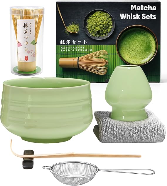 7Pcs Matcha Set,Matcha Tea for Making Breakfast/Latte,Whisk Set and Bowl with All Accessories,Gift for Lover，Light Green Bowl, Bamboo Stirrer