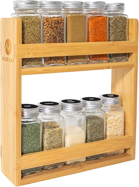 Morvat Bamboo Wooden Spice Jar Rack, 2-Tiered Seasoning Holder Organizer Set with 2 Shelves, Spice Storage Shelf for Kitchen Pantry & Cabinet, Counter or Wall Mount Option with Included Hardware