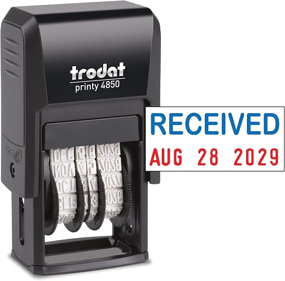 Trodat Printy 4850 Date Stamp Pocket Sized Self-Inking Stamp with Received Message Blue and Red Ink, 3/4" x 1"