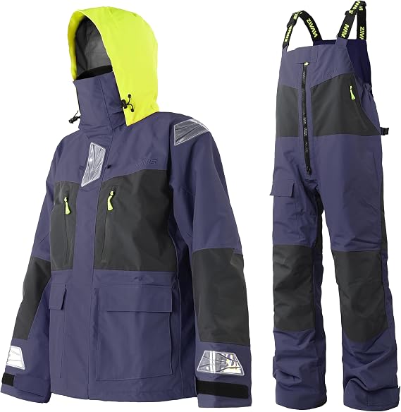 Men's PRO Offshore Sailing Suit, Waterproof Jacket & Bib Trousers | Ocean High-Tech, Hi-Vis Hood, Reinforced Hips & Knees, Adjustable Braces, Reflective Safety Details, Coastal Cruising