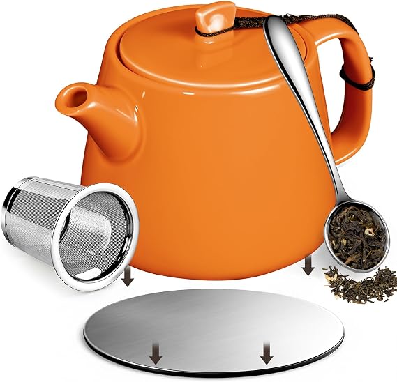 Brew To A Tea Stump Teapot with Strainer, Removable Infuser Tea Pot Handmade, 600ml/20.29oz Heat-Resistant Porcelain Tea Pot with Stainless Steel Coaster, Orange