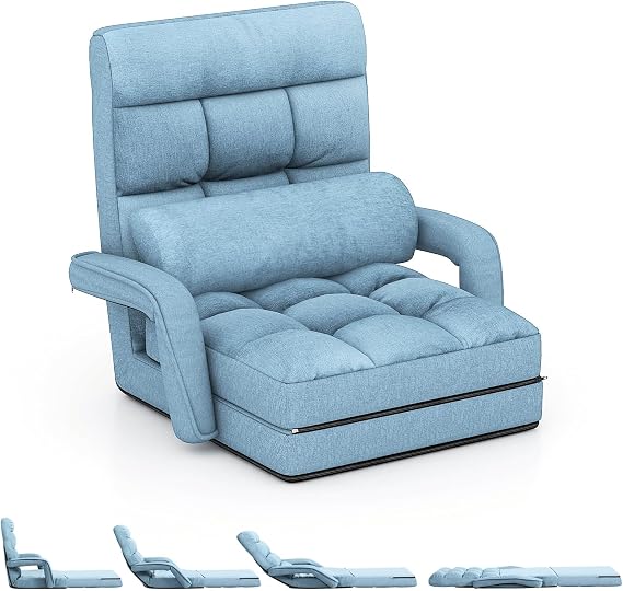 KOMFOTT Foldable Floor Lazy Sofa Chair, Indoor Chaise Lounge Chair with 6 Positions Adjustable Backrest, Detachable Seat Cushion, Armrests & Pillow, Cozy Floor Chair for Living Room, Bedroom (Blue)