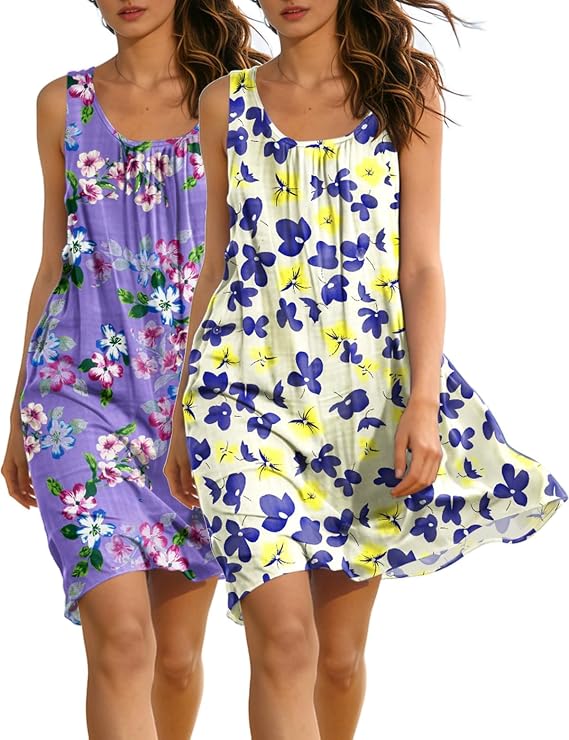 Women's Summer Dress Crew Neck A-Line Casual Cotton Floral Dresses Lightweight Tank Beach Sundress HS1