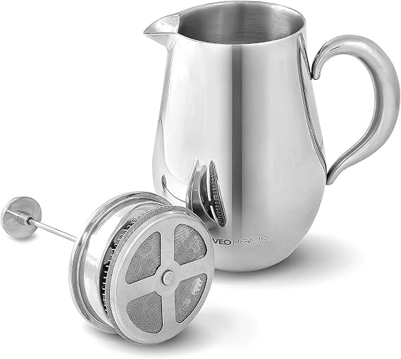 VeoHome - 1 Litre piston coffee maker - Unbreakable and keeps coffee hot for a long time thanks to its double stainless steel shell...