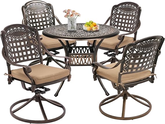Grepatio 5 Piece Outdoor Dining Set Cast Aluminum Patio Table and Chairs Outside Furniture 4 Mesh Swivel Chairs with Khaki Cushion and 1 Umbrella Hole Round Dining Table for Lawn Garden (Grid Khaki)