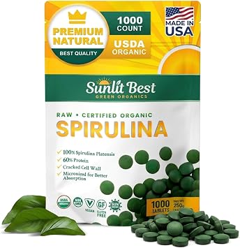 Sunlit Best Spirulina Tablets - Organic Spirulina Tablets USDA Premium 1000 Count - Natural Spirulinas Organic Burst for Immune Support Antioxidants, Energy Boost w/Chlorophyll - High Protein, Non GMO