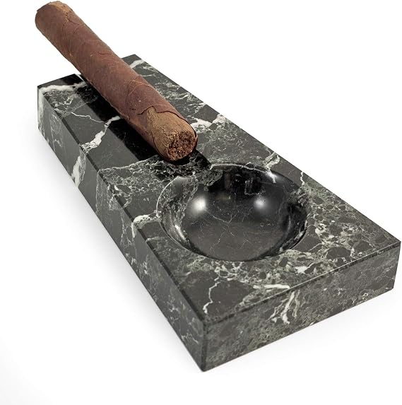 Bey-Berk Ashton Black Zebra Marble Single Cigar Ashtray, 8.5" x 4.75" Solid Stone Rest, Sculpted Lounge Statement Piece