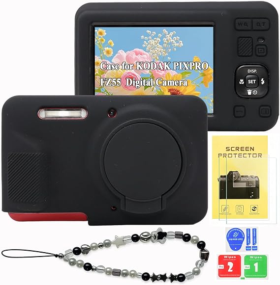 Case for Kodak PIXPRO FZ55 with 2 Screen Protector and 1 Charm Wrist Strap, Soft Silicone Digital Camera Protector Case with Lens Cover for Kodak PIXPRO FZ55 Accessories (Black3)