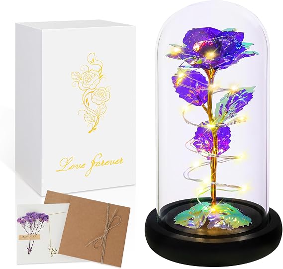 Childom Birthday Gifts for Women Mom,Flowers for Delivery Prime Christmas | Colorful Purple Flowers Light Up Rose in A Glass Dome,Christmas Rose Gifts for Women Mom Her Wife Grandma Valentines Birthday