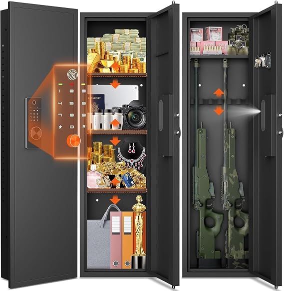 53" Tall Hidden Wall Safe with Fingerprint Lock - Dual Alarm System, 3 Adjustable Shelves, Magnetic Slot & Key Hooks - Modern Black Steel Construction